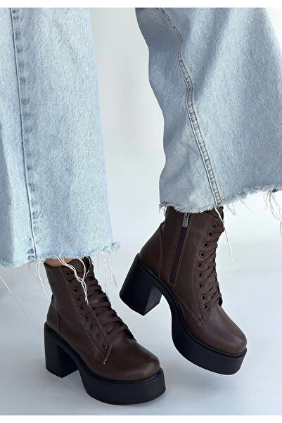 ZENGEZUR MALL Nrzsnt Tsan Brown Leather Lace-Up Heeled Boots (02355) (Size: 37)