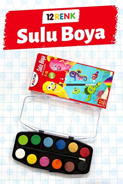 Fatih 12 Renk Sulu Boya Büyük Boy Canlı & Yoğun Renkler Çocuklar ve Öğrencile...