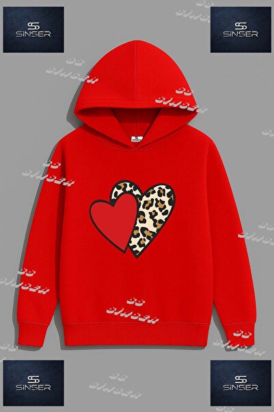 SS SİNSER Φούτερ Unisex με στάμπα  "HEART 2LI RED LEOPARD PATTERN " με κουκούλα