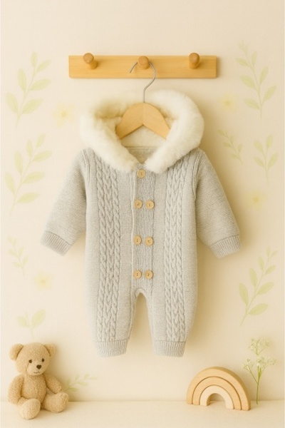 Superbaby Thick gray jumpsuit for babies – Knitted, with fluffy hood and buttons
