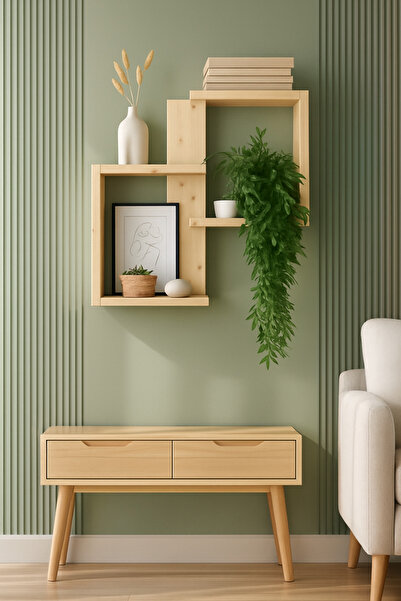 ARÇAMU DİZAYN İkiz C Ahşap Duvar Rafı (Çiçek Hediyeli)