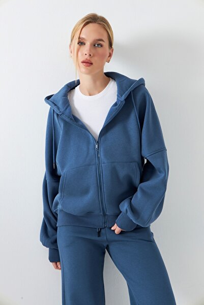 The Champ Clothing Women's Oversized Tracksuit Set with Drawstring in Navy – Zippered, Hooded , Elasticated Legs, 3 Thread Fleece