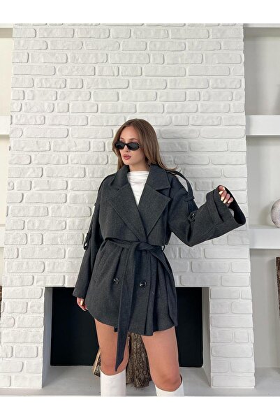Joi Kaşe Kruvaze Düğmeli Kuşaklı Trençkot