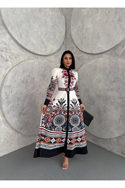 WellWay Atlas Fabric Floral Print Shirt Collar Button Detail Red Dress (Include Belt)-2502