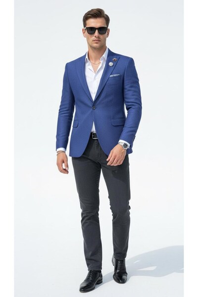 Plus Scorpion Чоловічий блейзер зі струнким кроєм із тканини з чоловічою фактурою – елегантний сучасний крій з одним ґудзиком