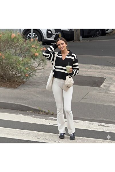 YUGA KNİTTİNG Polo Neck Striped Trend Sweater