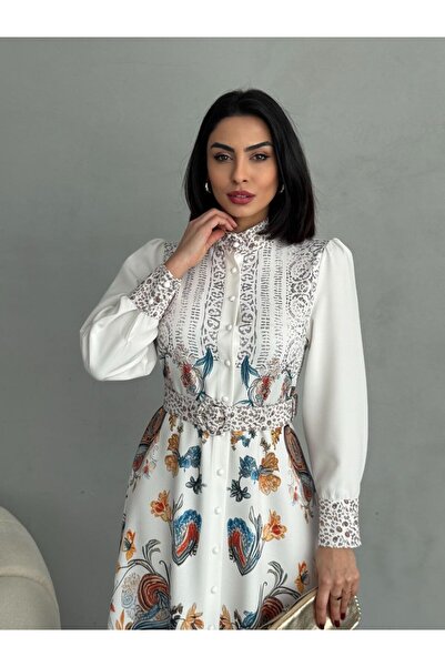 WellWay Atlas Fabric Floral Print Shirt Collar Button Detail White Dress (Include Belt)-2502