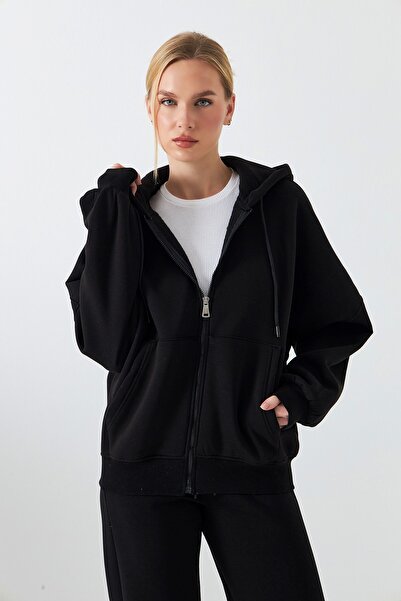 The Champ Clothing Women's Oversized Tracksuit Set Drawstring Black – Zippered, Hooded , Elasticated Legs, 3 Thread Fleece
