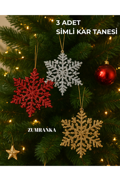 ZUMRANKA 3’lü Simli Kar Tanesi Yılbaşı Süsü – Kırmızı / Altın / Gümüş – Çam A...