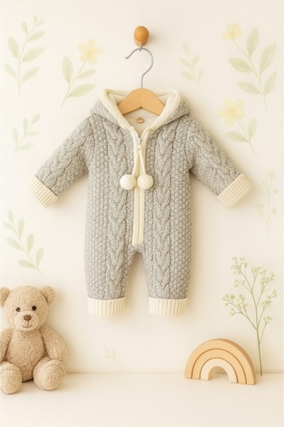 Superbaby Thick knitted gray jumpsuit with hood for babies – winter model