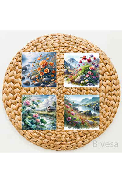 BiveSa مجموعة من 4 قواعد أكواب من الحجر الطبيعي بتصميم الزهور والجبال والأنهار