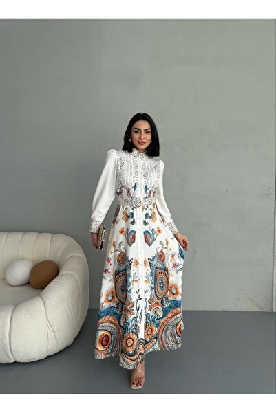 WellWay Atlas Fabric Floral Print Shirt Collar Button Detail White Dress (Include Belt)-2502