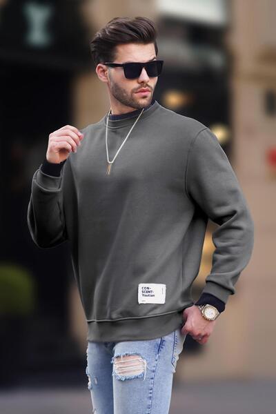 Madmext Smoked Crew Neck Oversized Fleece-Lined Men's Sweatshirt with Rope Detail 7043