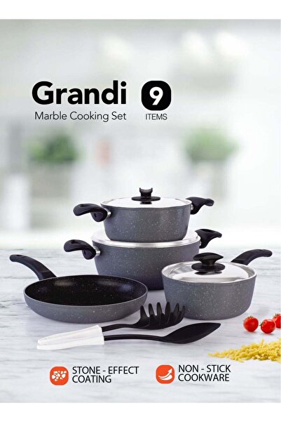 GRANDİ 9-piece Granite-Coated Non-Stick Cookware Set, Dark Gray