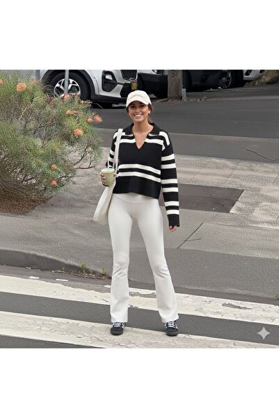 YUGA KNİTTİNG Polo Neck Striped Trend Sweater