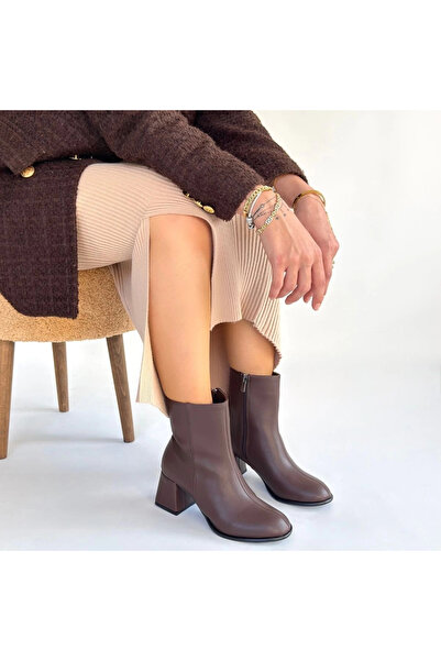 ZENGEZUR MALL Nrzsnt Tendy Brown Leather Heeled Boots (02158) (Size: 36)
