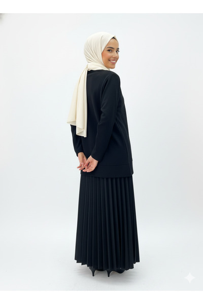 CELTMODA Women's Stripe Patterned Stone Scuba Hijab Skirt Set - Black Ll