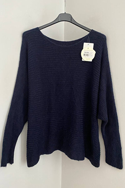 AYASOFYA OTANTIK Women's Italian Navy Blue Plain Pattern Back Button Detailed Casual F Corded Fabric Sweater Blouse