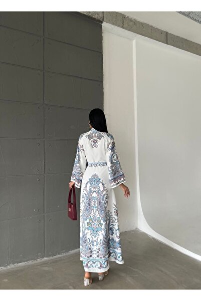 WellWay Atlas Fabric Floral Patterned Shirt Collar Button Detailed White Dress (Belt Included)-4235