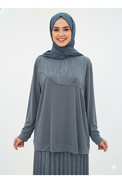 CELTMODA Women's Patterned Sand Crepe Blouse-Skirt Two-Piece Set - Gray