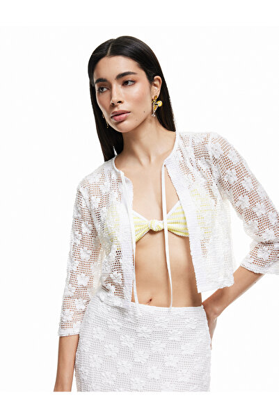 Koton Sheer Tie Neck 3/4 Sleeve Lace Floral Crop Blouse