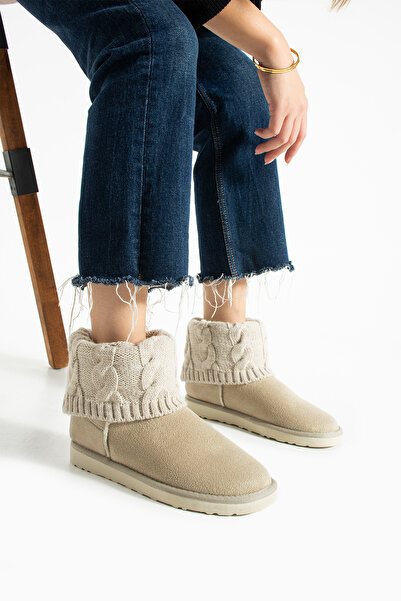 LORENN SHOES Mini Beige Knitted Knitwear Women's Boots with Fur Inside and Flat Sole