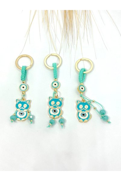 Azrua Green Cat Metal Keychain, Lucky Keychain, Metal Evil Eye Bead Keychain
