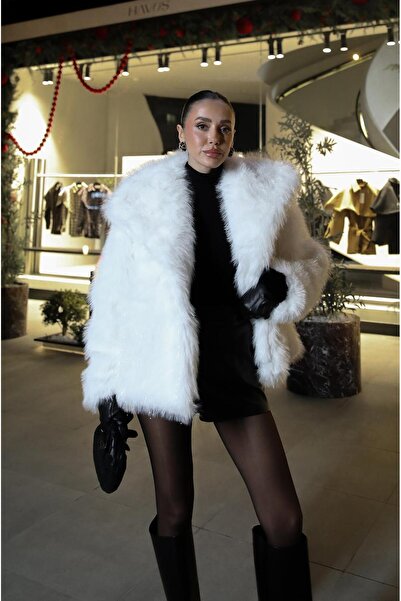 Havoş Ecru Glitter Faux Fur Coat