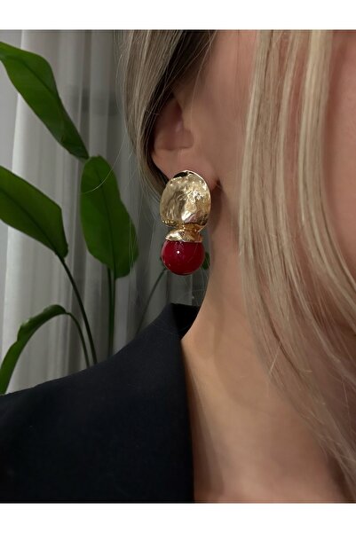 PALICE Dövme Gold ve Kırmızı Top Detaylı Küpe