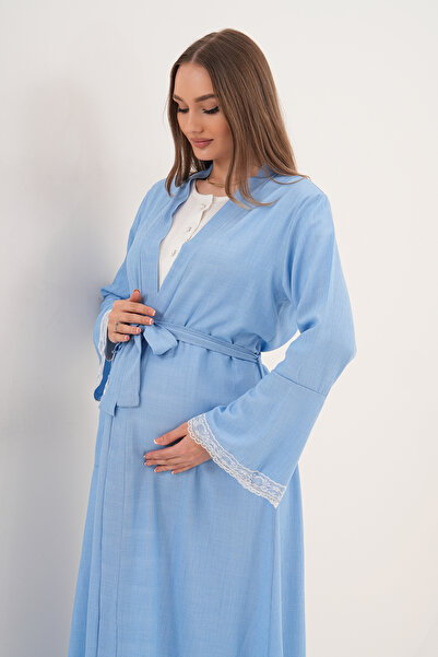 Lohussa Women's Blue Woven Dressing Gown Full Length Long Sleeve Special Design Maternity Dressing Gown Nightgown Set