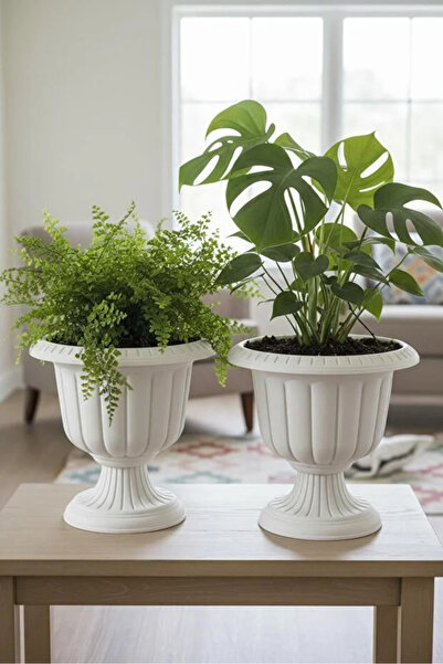 polivahome 2 Adet Set Nergis Dekoratif Beyaz Renk Ayaklı Saksı - Plastik Çiçe...