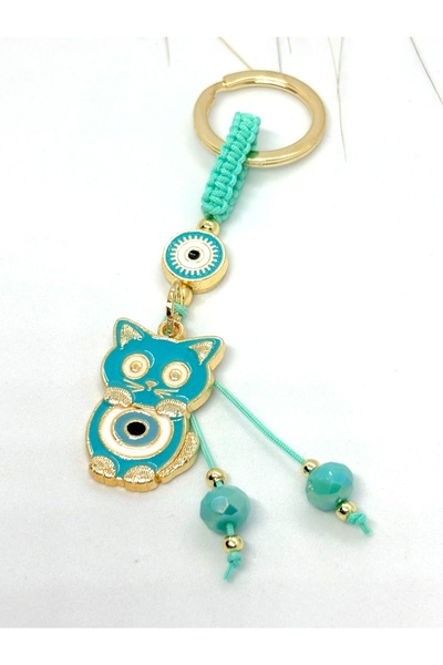 Azrua Breloc metalic verde pisică , breloc noroc, breloc metalic cu mărgele o...