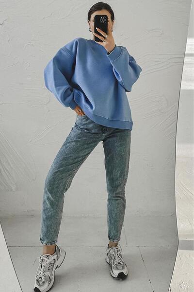 Madmext Blue Crew Neck Basic Sweatshirt Mg1559