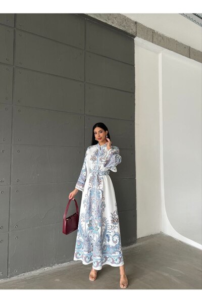 WellWay Atlas Fabric Floral Patterned Shirt Collar Button Detailed White Dress (Belt Included)-4235