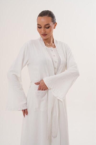 Lohussa Ecru Woven Dressing Gown Full Length Flounce Sleeve Lace Special Design Maternity Dressing Gown Nightgown Set