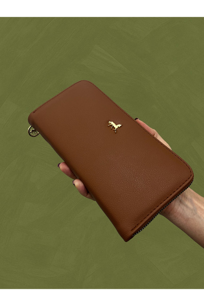 shiny ever Large Size Leather Women's Wallet Handbag with Phone Compartment, Tan Gold Detail