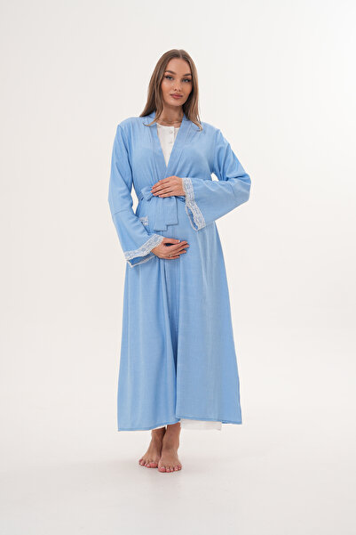 Lohussa Women's Blue Woven Dressing Gown Full Length Long Sleeve Special Design Maternity Dressing Gown Nightgown Set