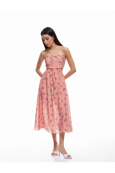 Koton Viscose Lined Window Detailed Gingham Strawberry Printed Thin Strap Dress