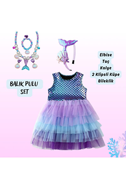 darko 6 Parça Doğumgünü Balıkpulu Denizkızı Parti Seti Deniz Kız Çocuk Elbise...