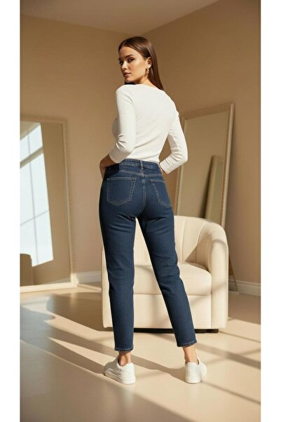 geenz manifacture Navy Blue Sky Stretch Fabric Stretchy Mom Jeans Denim Trousers