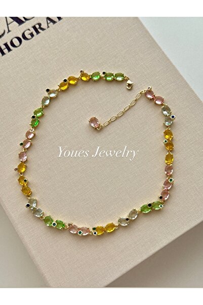 YOUES JEWELRY 316L GEMA Çelik Kristal Taş Desenli Renkli KOLYE