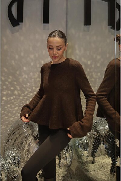 Havoş Brown Peplum Sequin Glitter Sweater