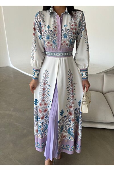 WellWay Atlas Fabric Floral Patterned Shirt Collar Button Detail Lilac Dress (Belt Included)-4249