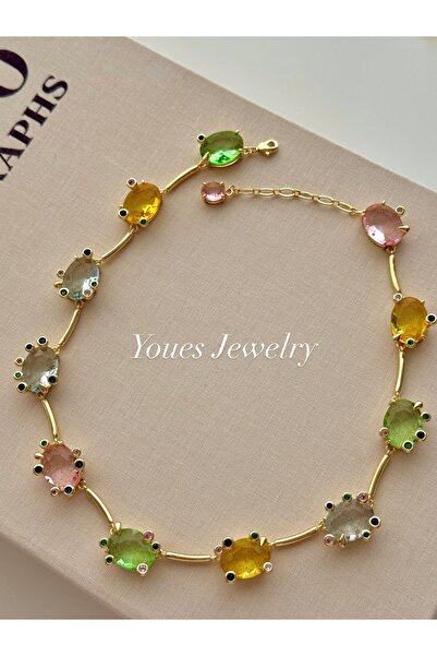 YOUES JEWELRY قلادة ملونة من الفولاذ 316L GEMA مع نمط حجر الكريستال