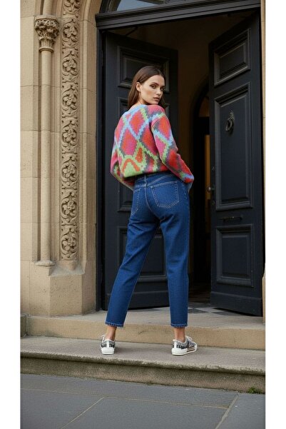 geenz manifacture Medium Blue Sky Stretch Fabric Flexible Mom Jeans Denim Trousers