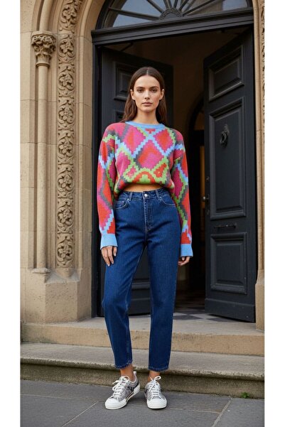 geenz manifacture Medium Blue Sky Stretch Fabric Flexible Mom Jeans Denim Trousers