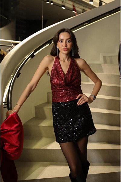 Havoş Red Sequin Halter Neck Blouse