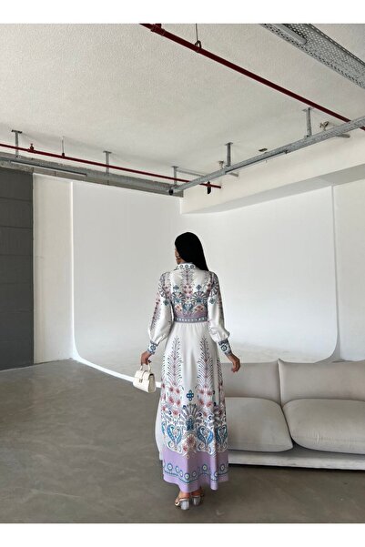 WellWay Atlas Fabric Floral Patterned Shirt Collar Button Detail Lilac Dress (Belt Included)-4249