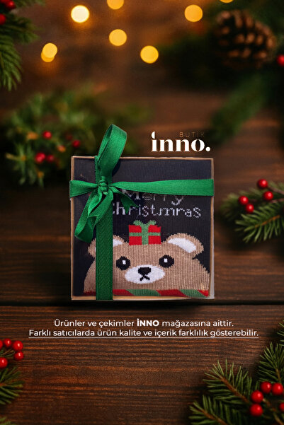 Inno Yılbaşı Desenli Noel Babalı Hediyelik Kraft Kutulu Çorap Tekli