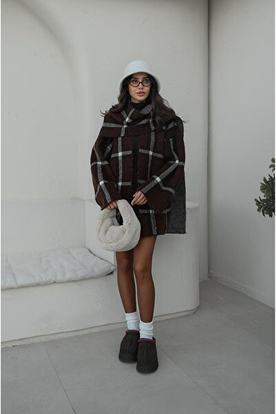 Havoş Brown Checkered Scarf Cardigan